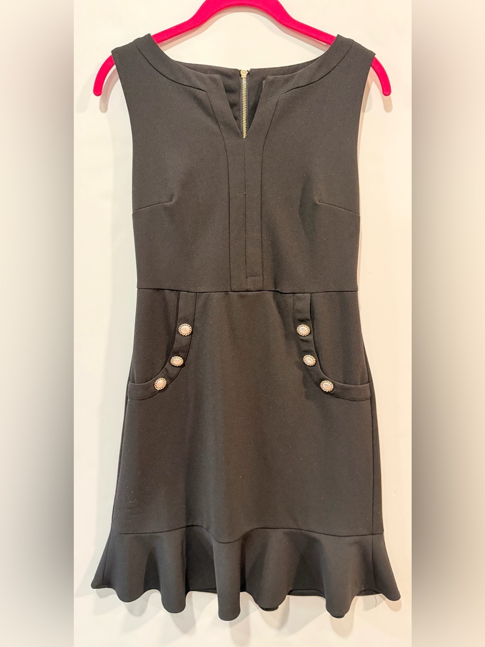 Karl Lagerfeld Paris Pearl Button Pocket Ruffle Hem Sheath Dress Black Size 2